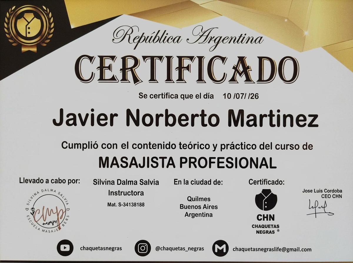 Diploma Profesional en Masoterapia de Javier Martínez